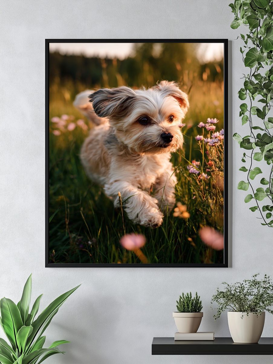 Playful Dog in a Flower Field Poster. — room view 4