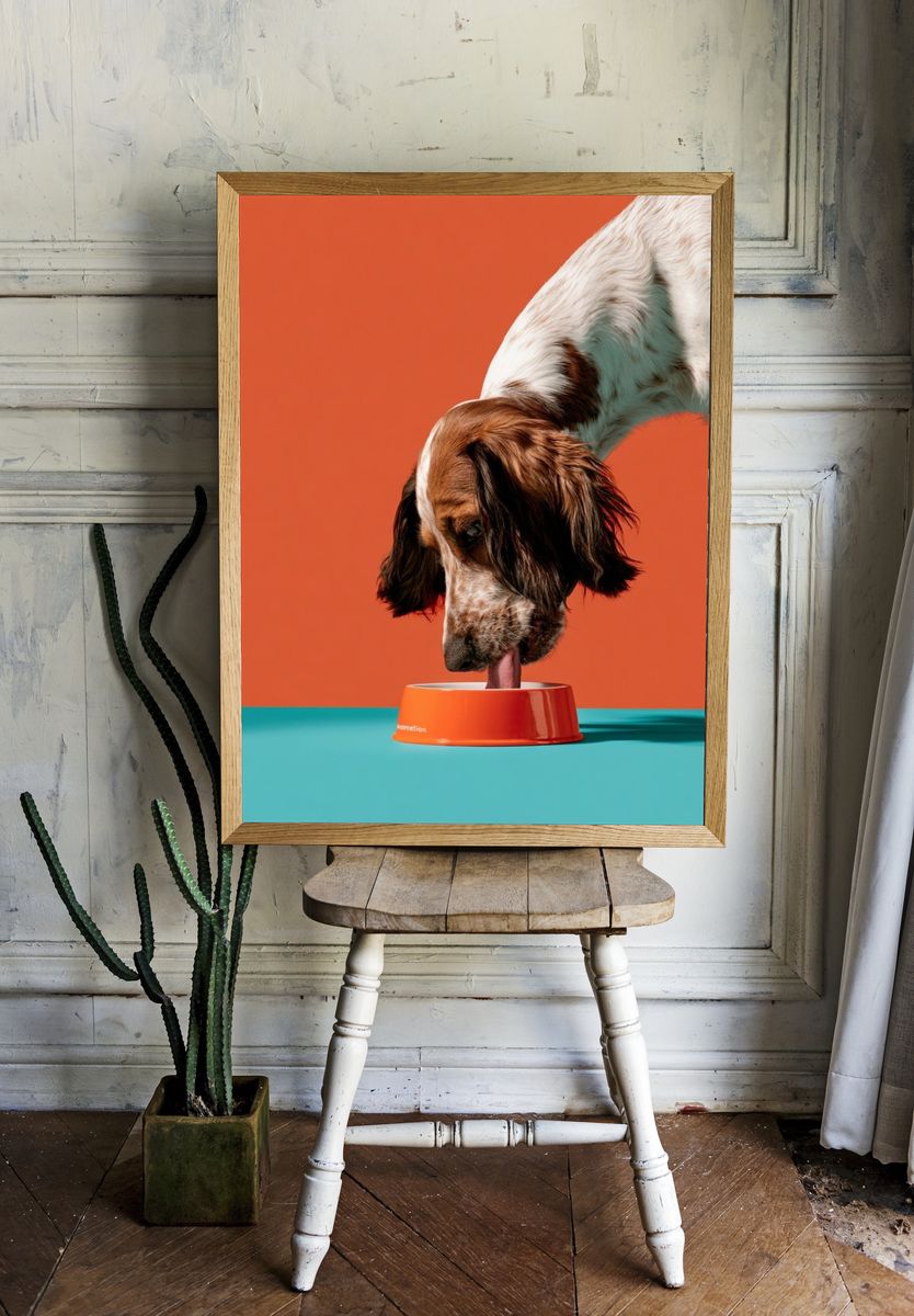 Dog with Bowl Photography Poster. room preview