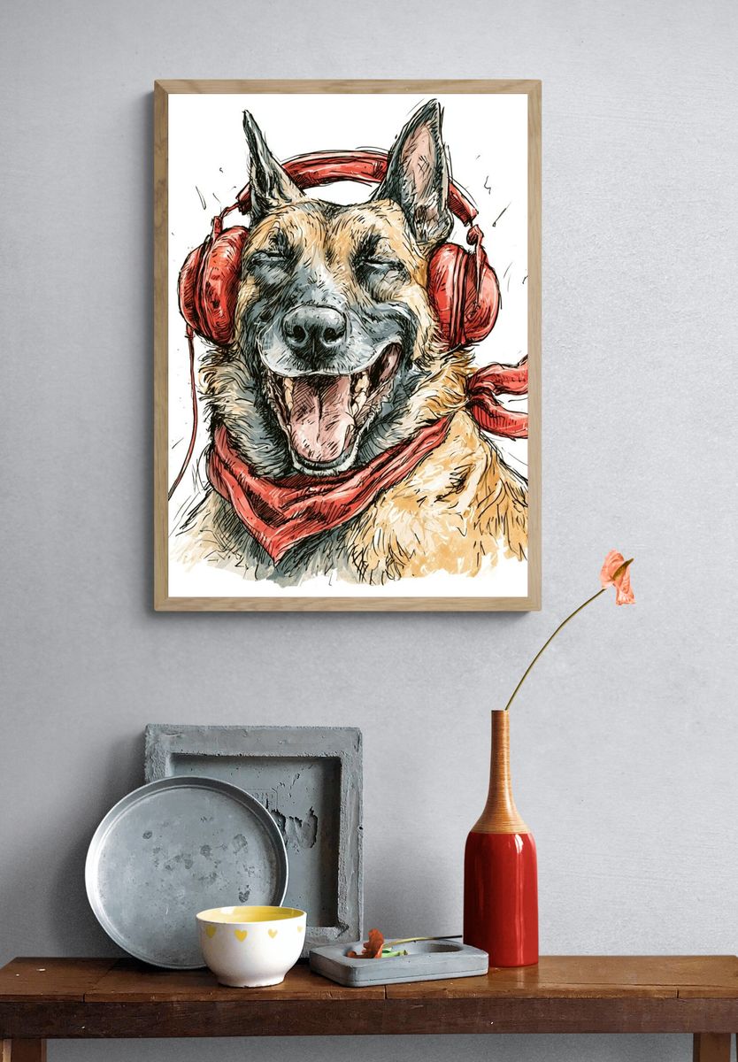 Happy German Shepherd Illustration Poster. — room view 3
