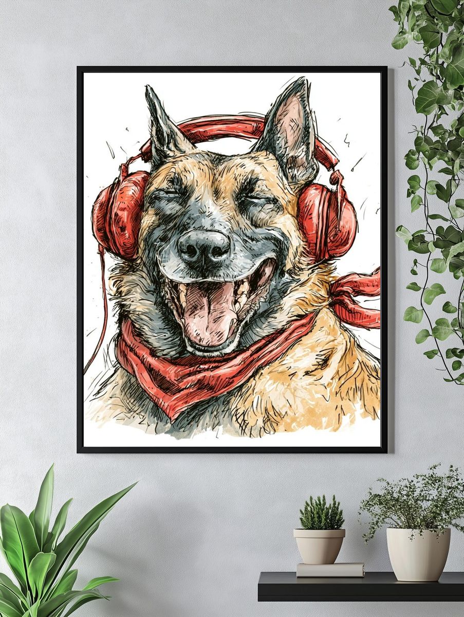 Happy German Shepherd Illustration Poster. — room view 4