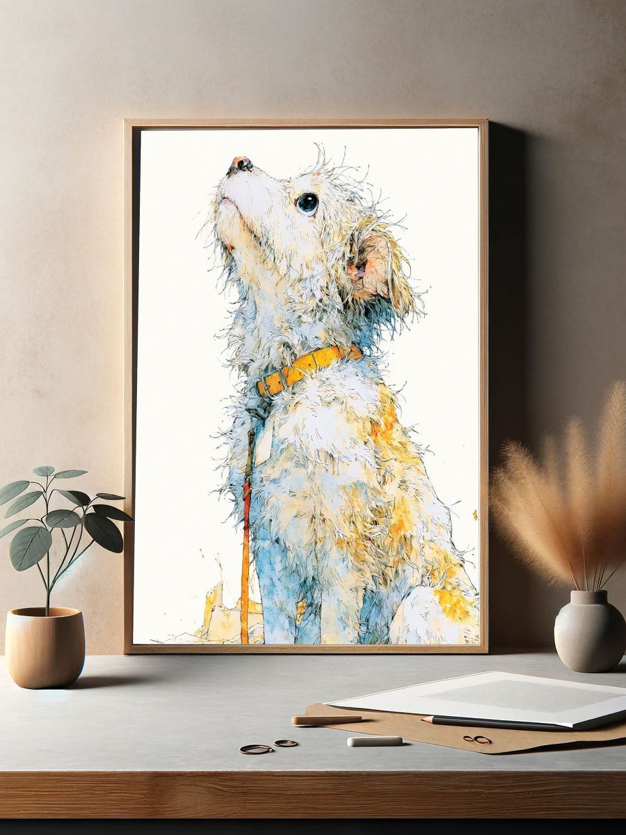 Curious Dog Watercolor Poster. — room view 2