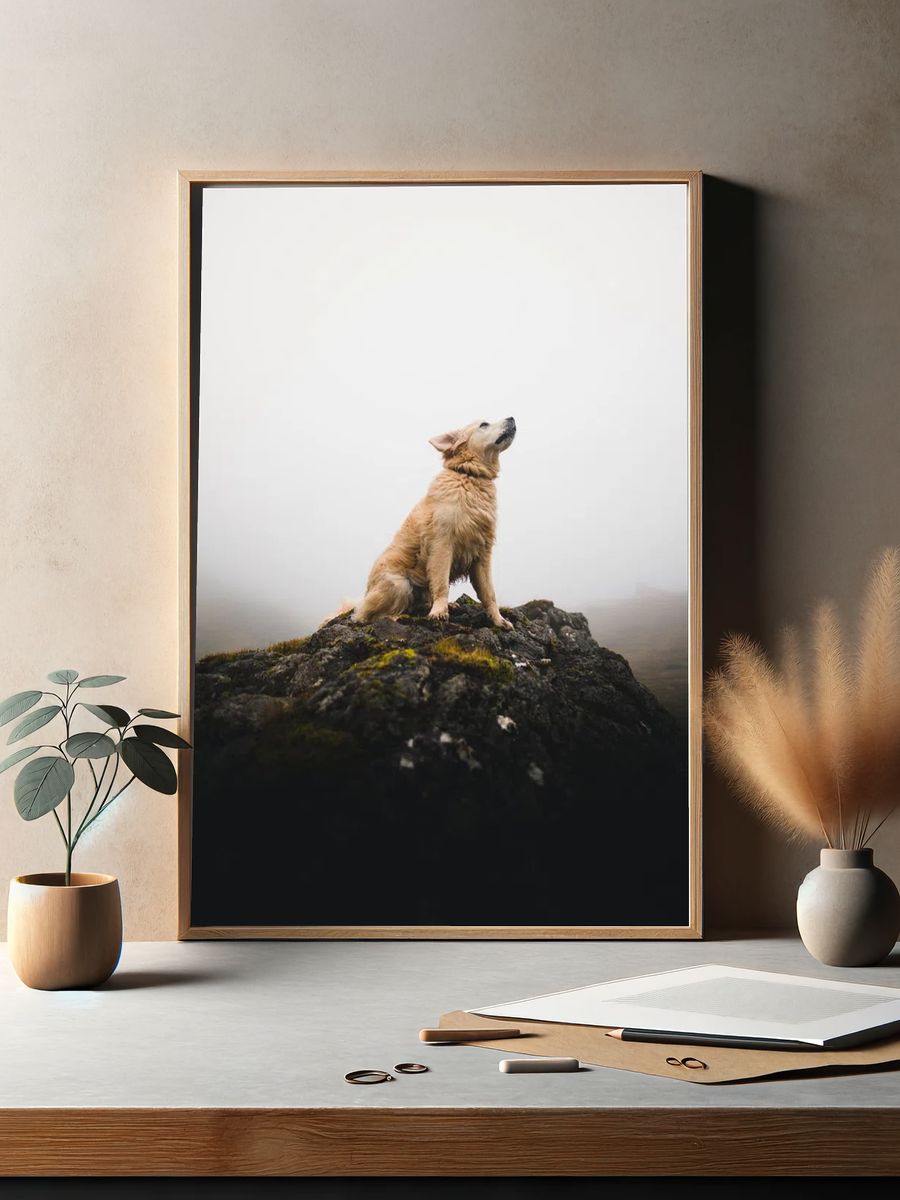 Golden Retriever on a Rock — Photography Print. — room view 2