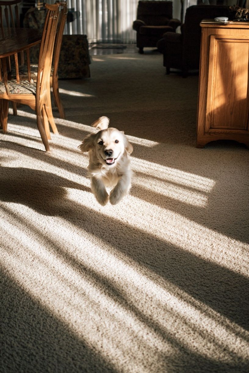 Golden Retriever in Sunlit Room Poster. poster detail