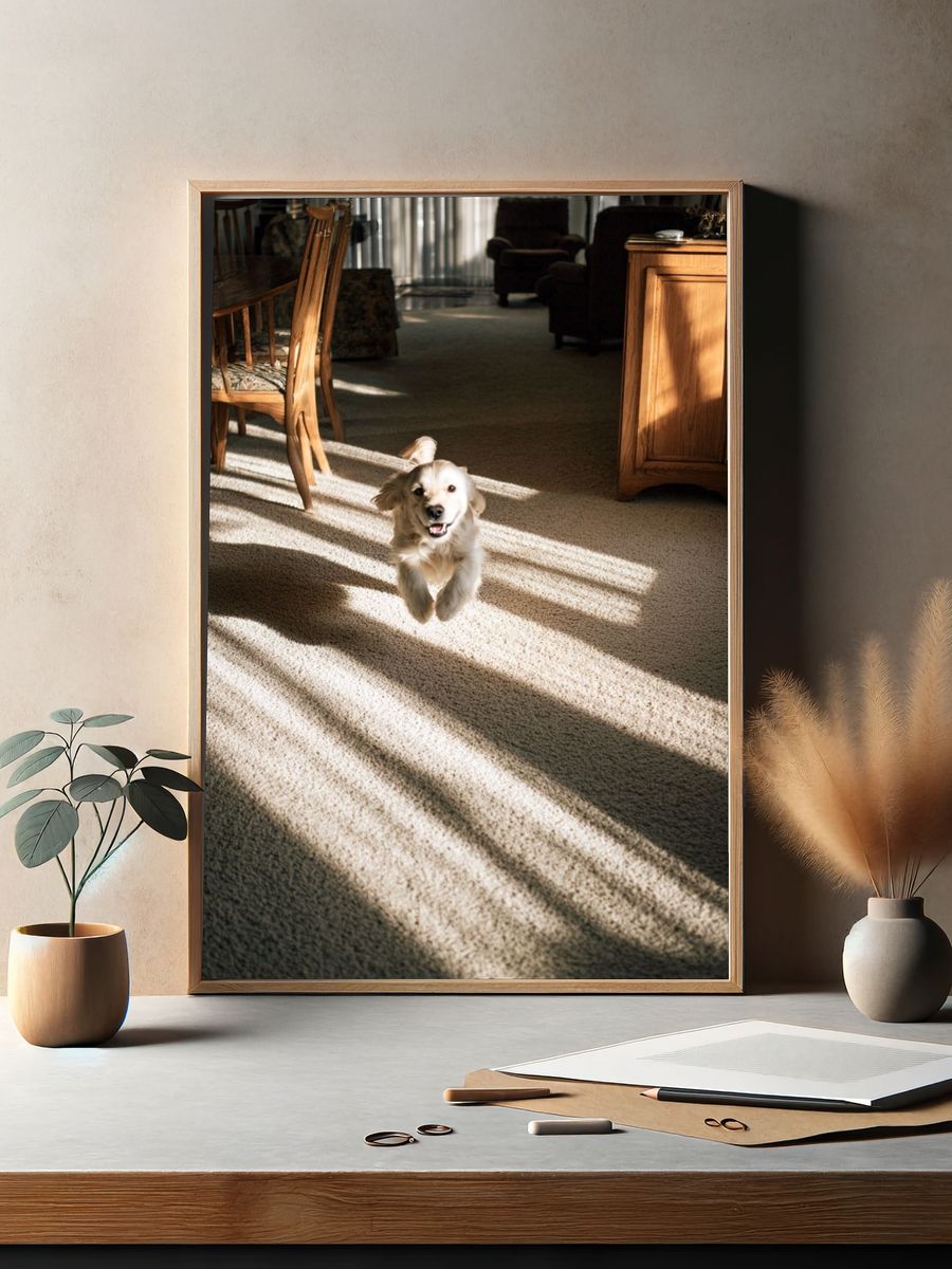 Golden Retriever in Sunlit Room Poster. — room view 2