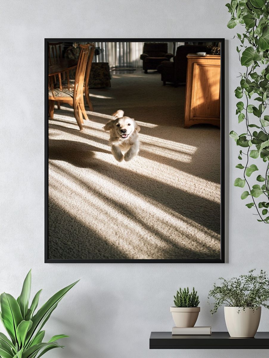 Golden Retriever in Sunlit Room Poster. — room view 4