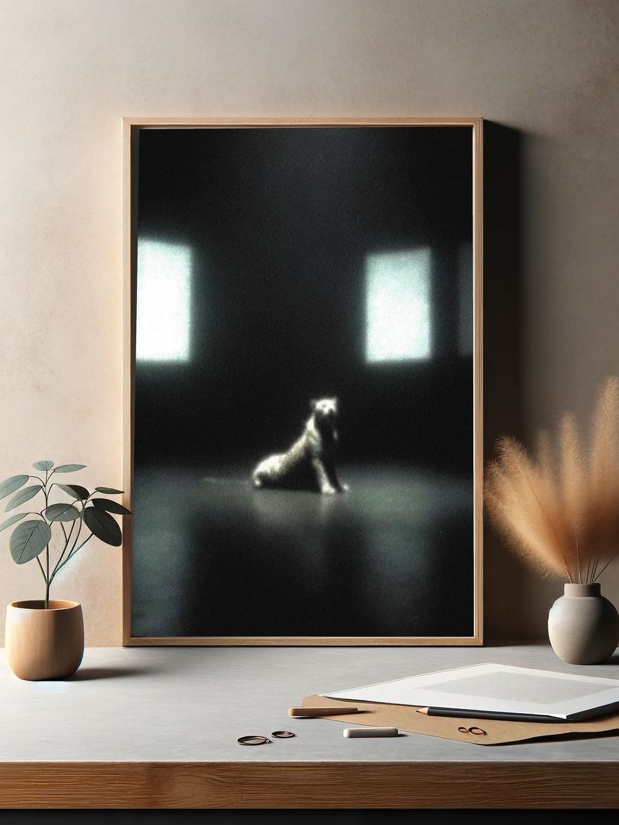 Solitary Dog in Dark Room Poster. — room view 2
