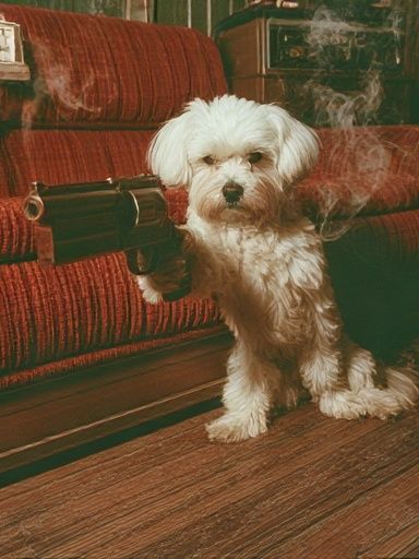Dog with Revolver Vintage Print. poster detail