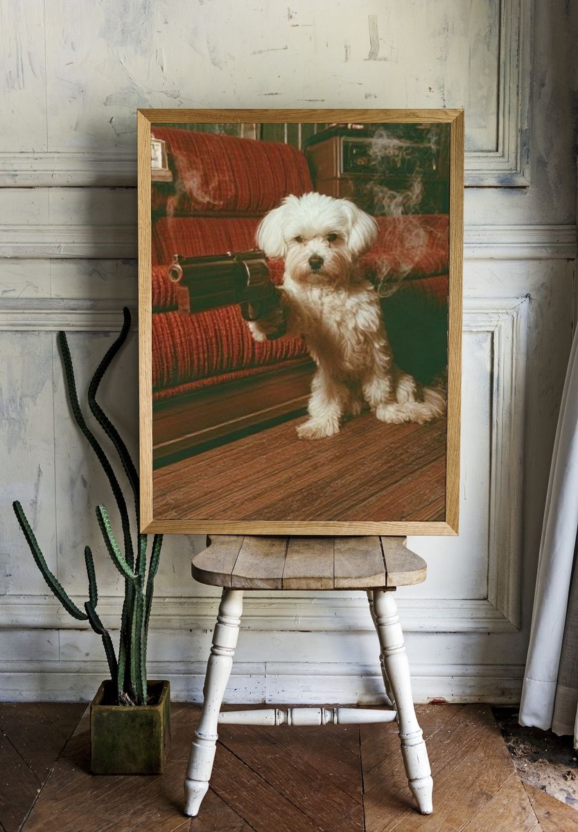 Dog with Revolver Vintage Print. room preview