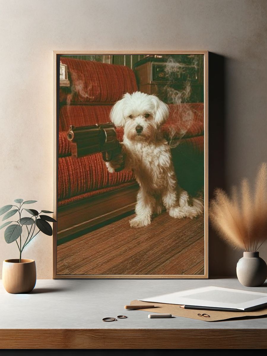 Dog with Revolver Vintage Print. — room view 2