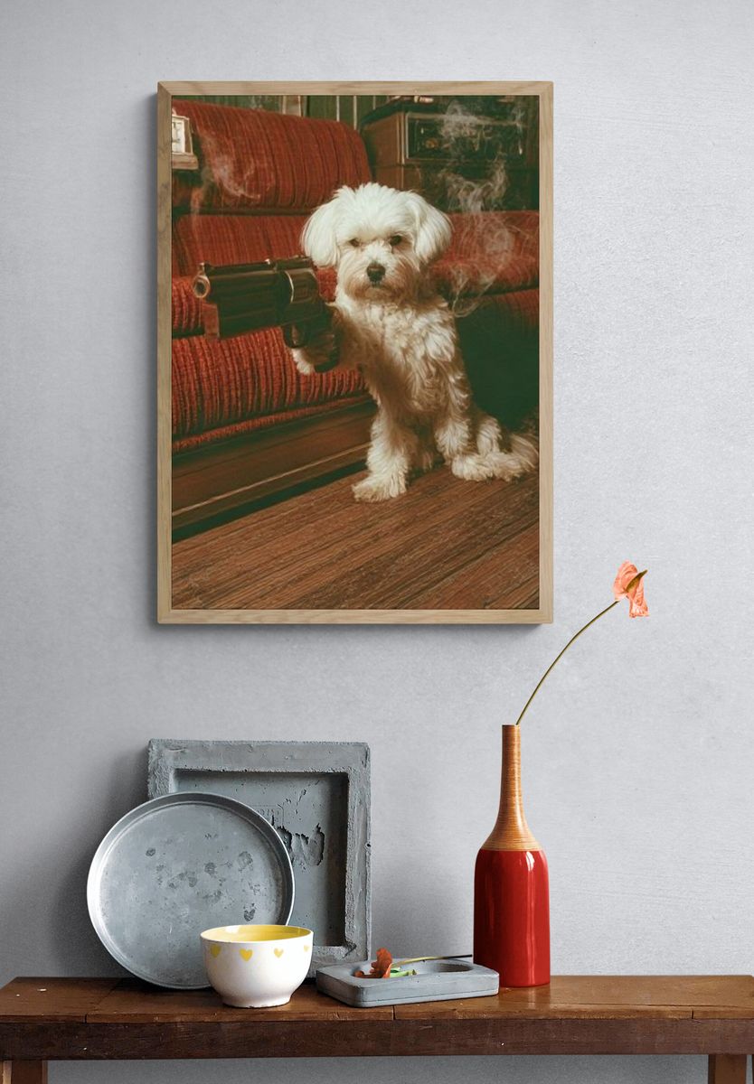 Dog with Revolver Vintage Print. — room view 3