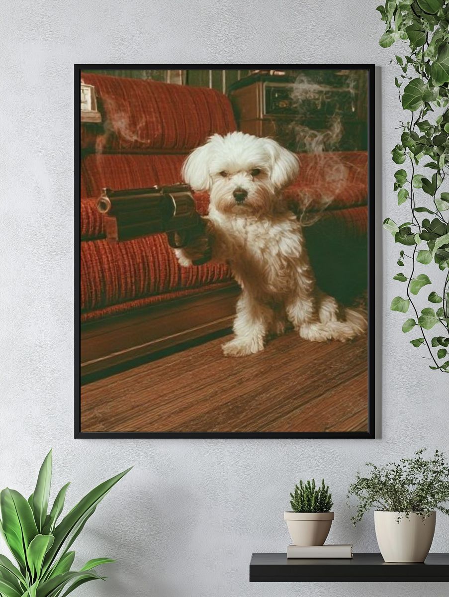 Dog with Revolver Vintage Print. — room view 4