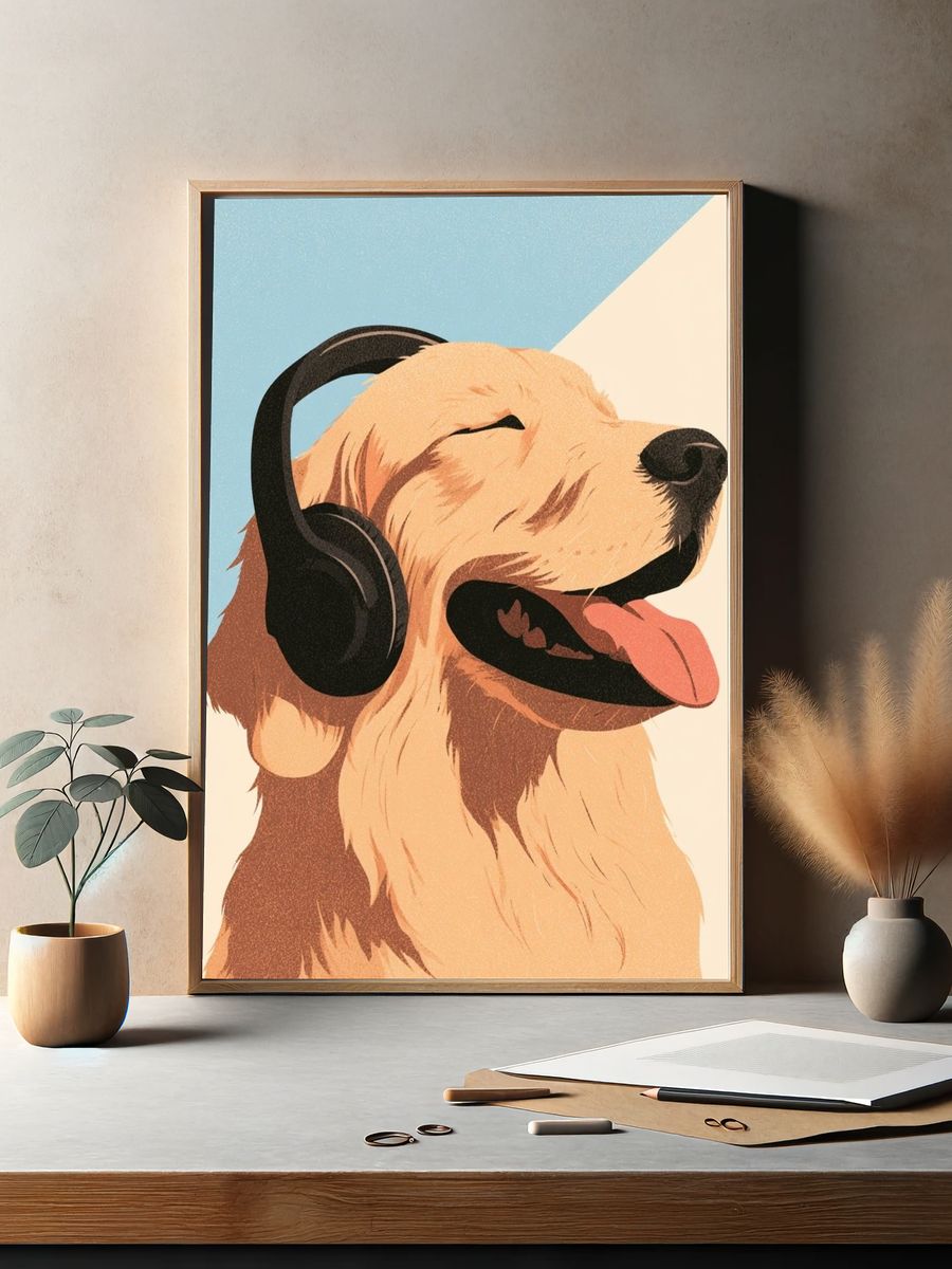 Golden Retriever Headphones Illustration Poster. — room view 2