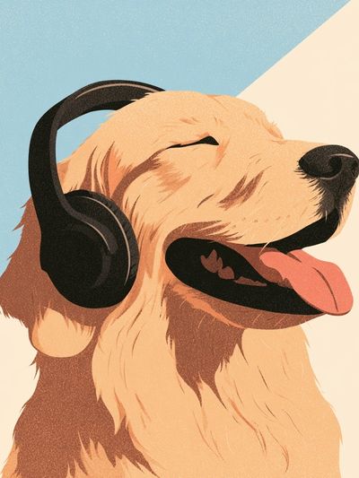 Golden Retriever Headphones Illustration Poster.
