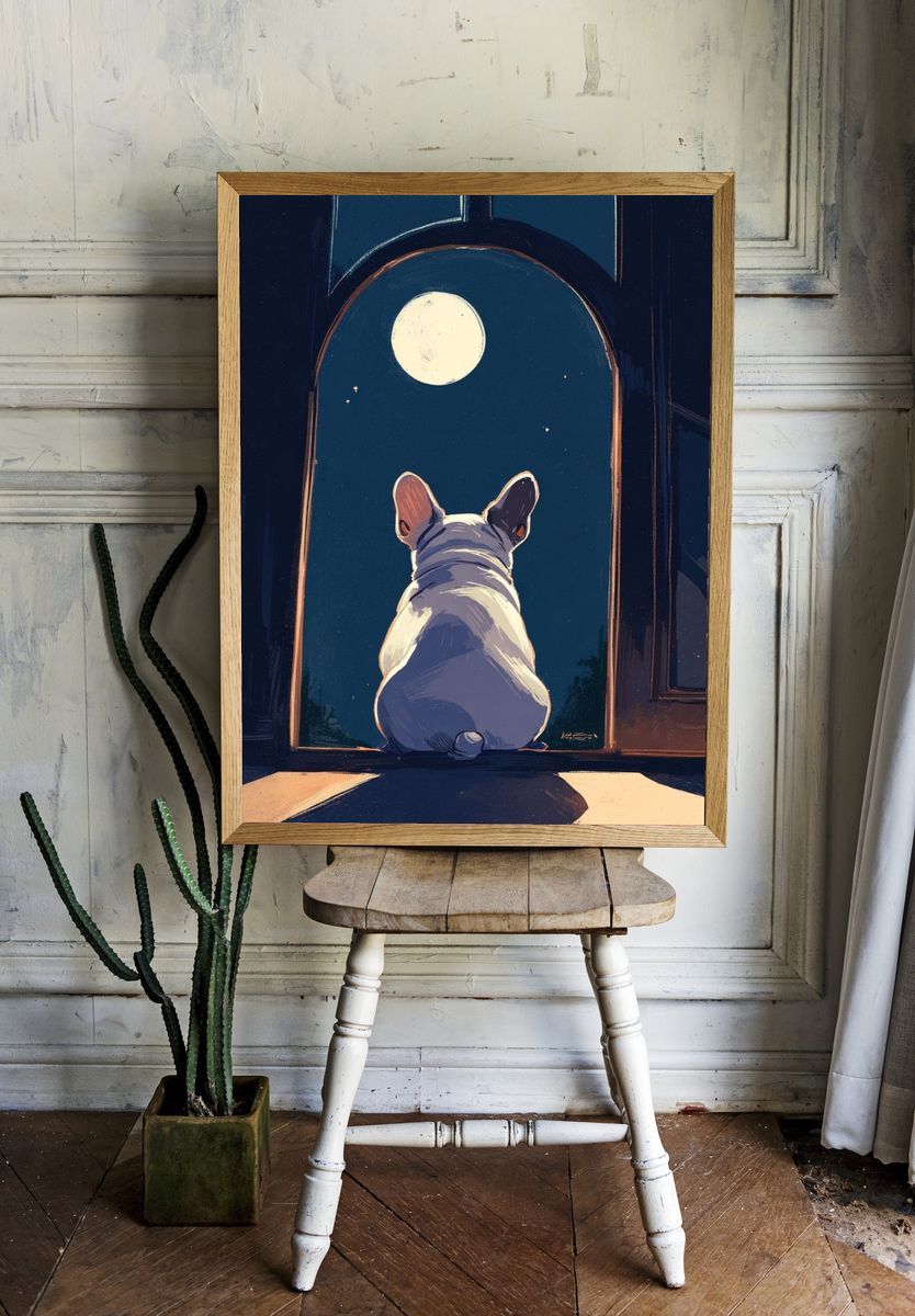 French Bulldog Under the Moonlight — Illustration Print. — room view 1