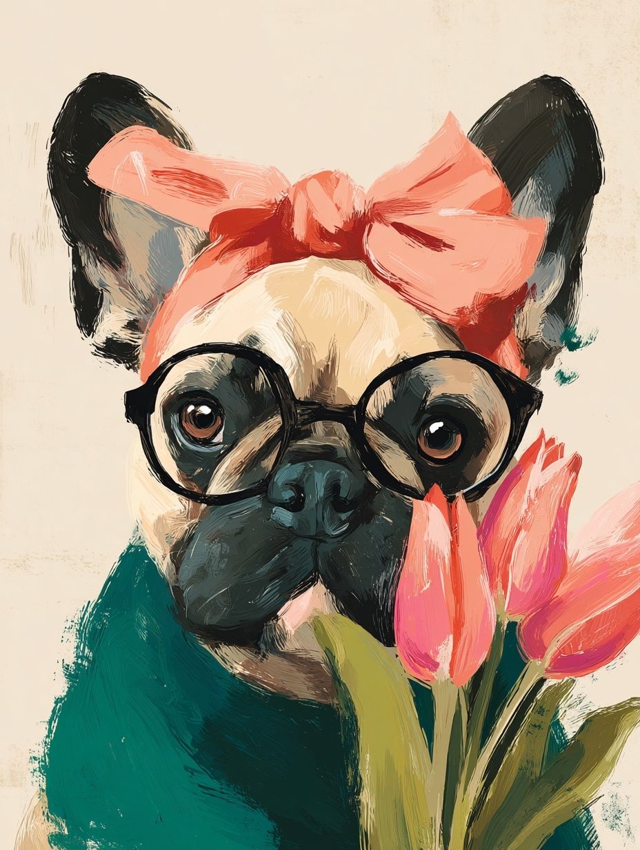 Stylish French Bulldog with Flowers — Illustration Print. poster — illustration art