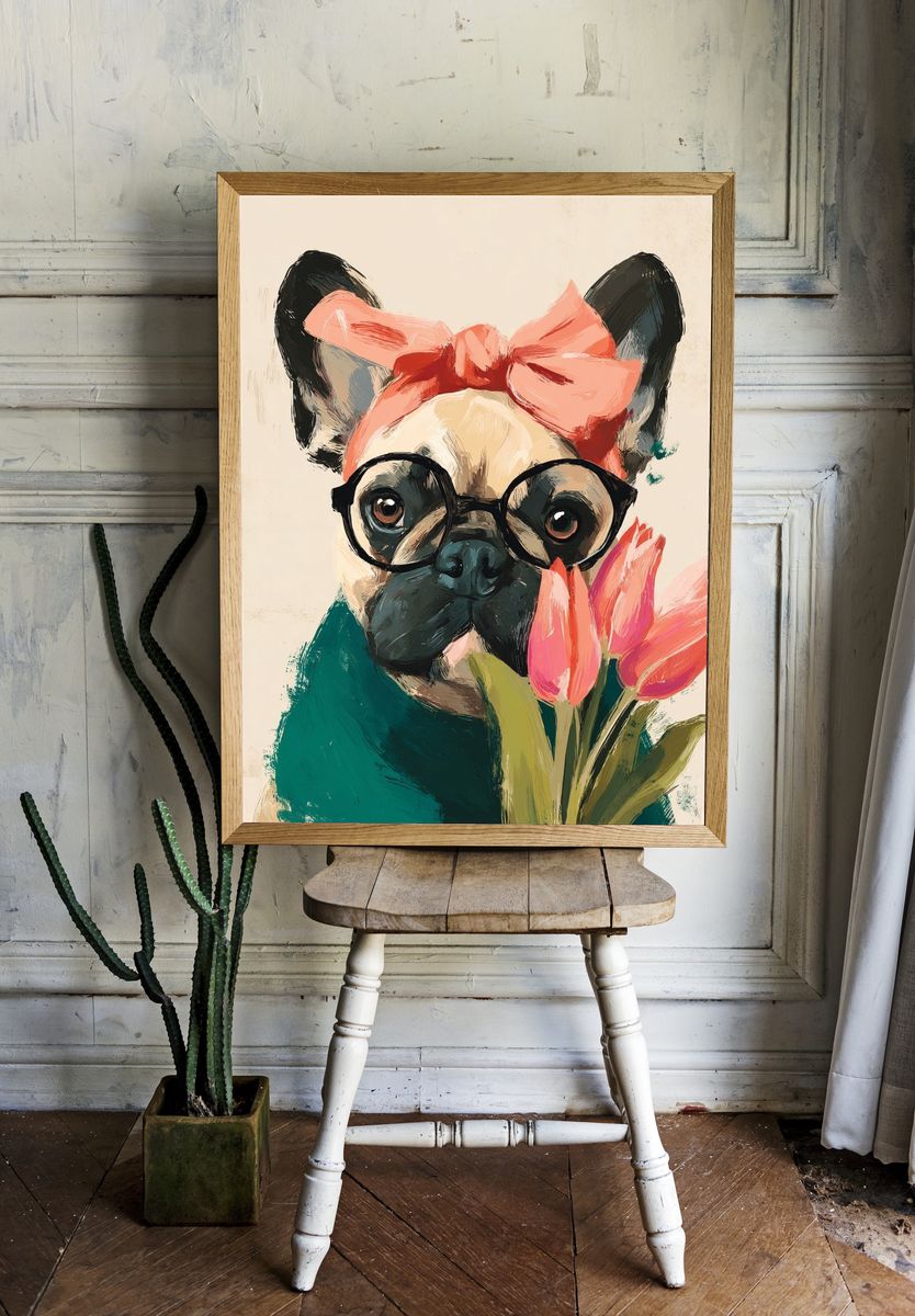 Stylish French Bulldog with Flowers — Illustration Print. — room view 1