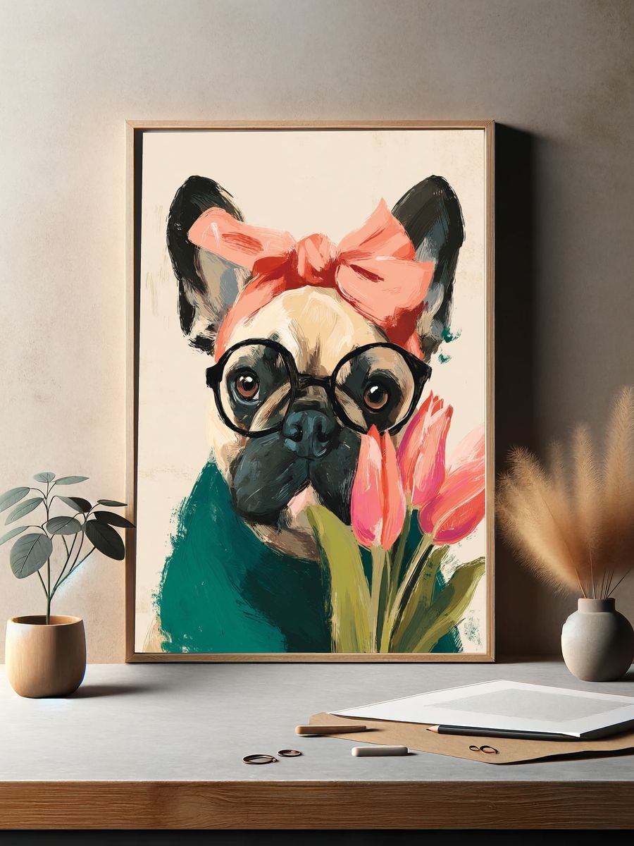 Stylish French Bulldog with Flowers — Illustration Print. — room view 2