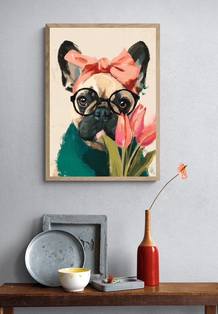 Stylish French Bulldog with Flowers — Illustration Print. — room view 3