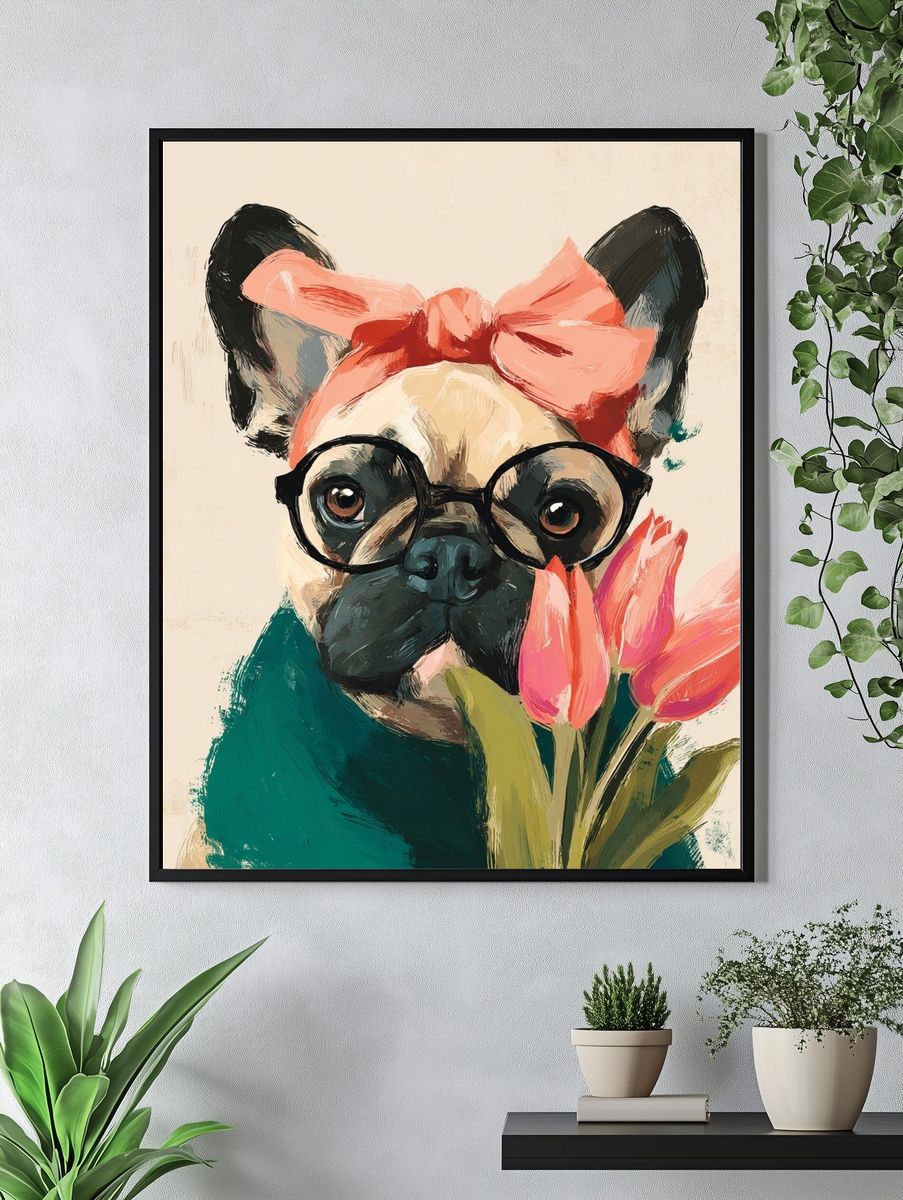 Stylish French Bulldog with Flowers — Illustration Print. — room view 4