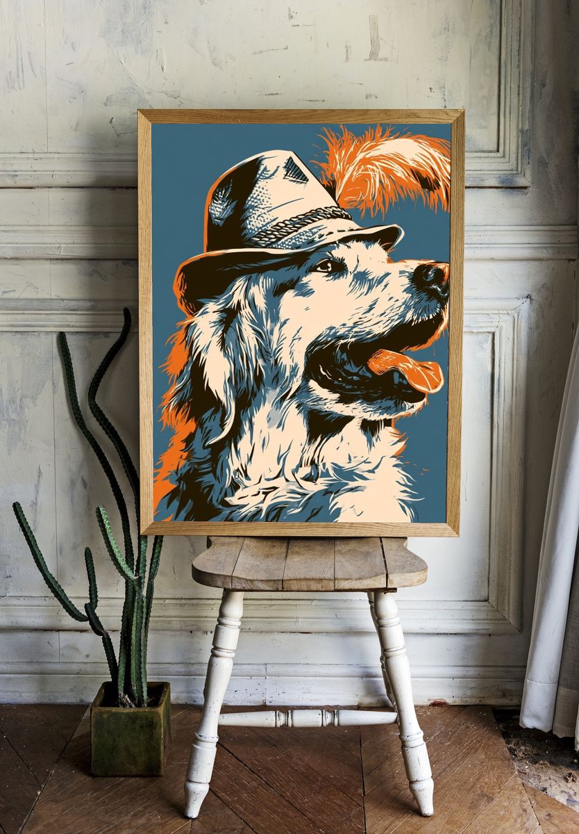 Golden Retriever Fedora Illustration Poster. room preview