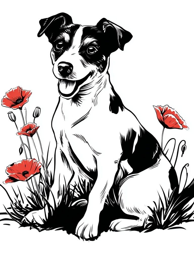 Playful Dog with Poppies — Illustration Print. poster detail