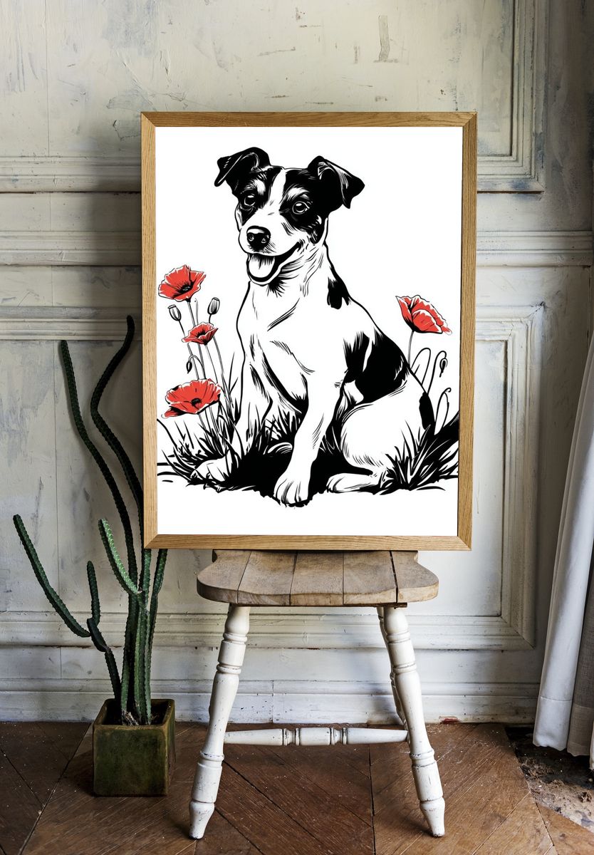Playful Dog with Poppies — Illustration Print. — room view 1