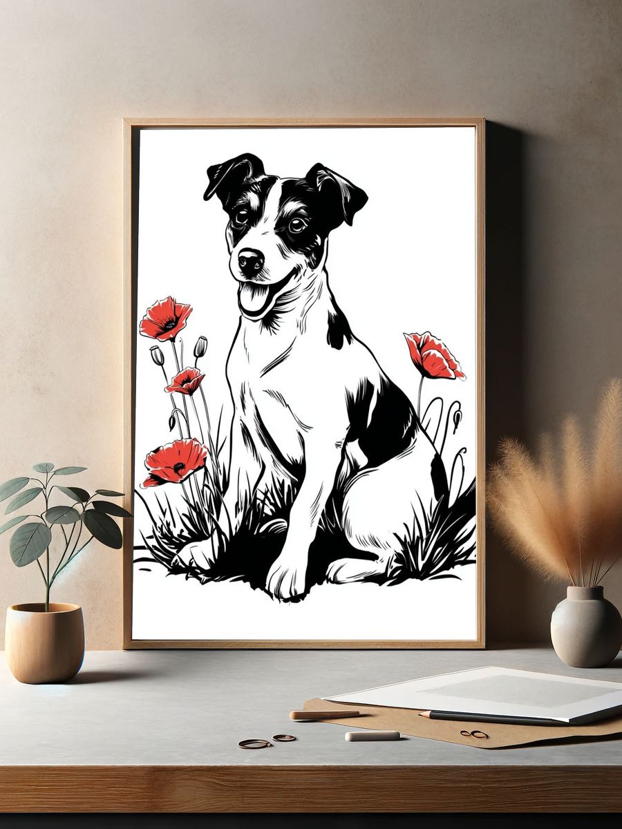 Playful Dog with Poppies — Illustration Print. — room view 2