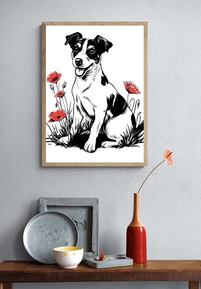 Playful Dog with Poppies — Illustration Print. — room view 3
