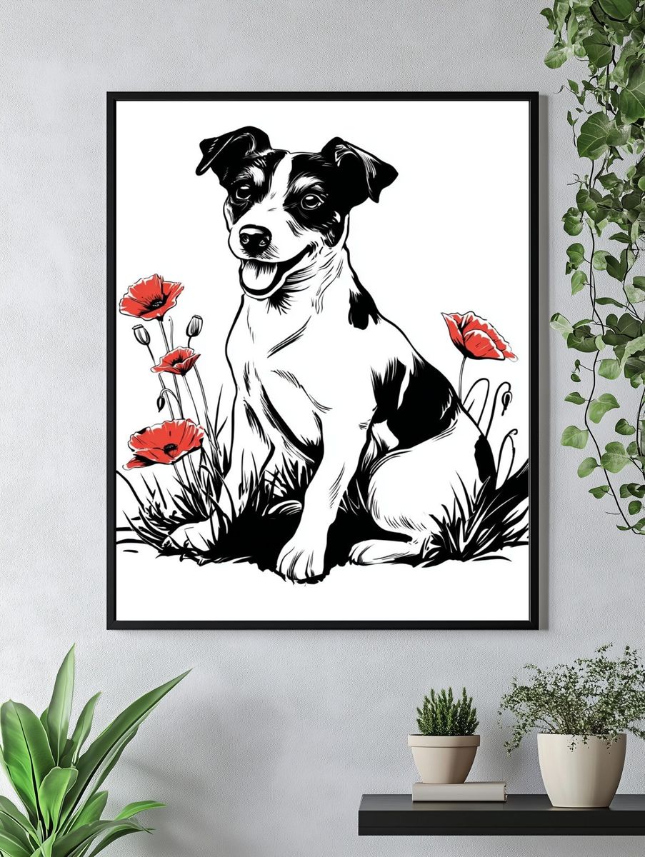 Playful Dog with Poppies — Illustration Print. — room view 4