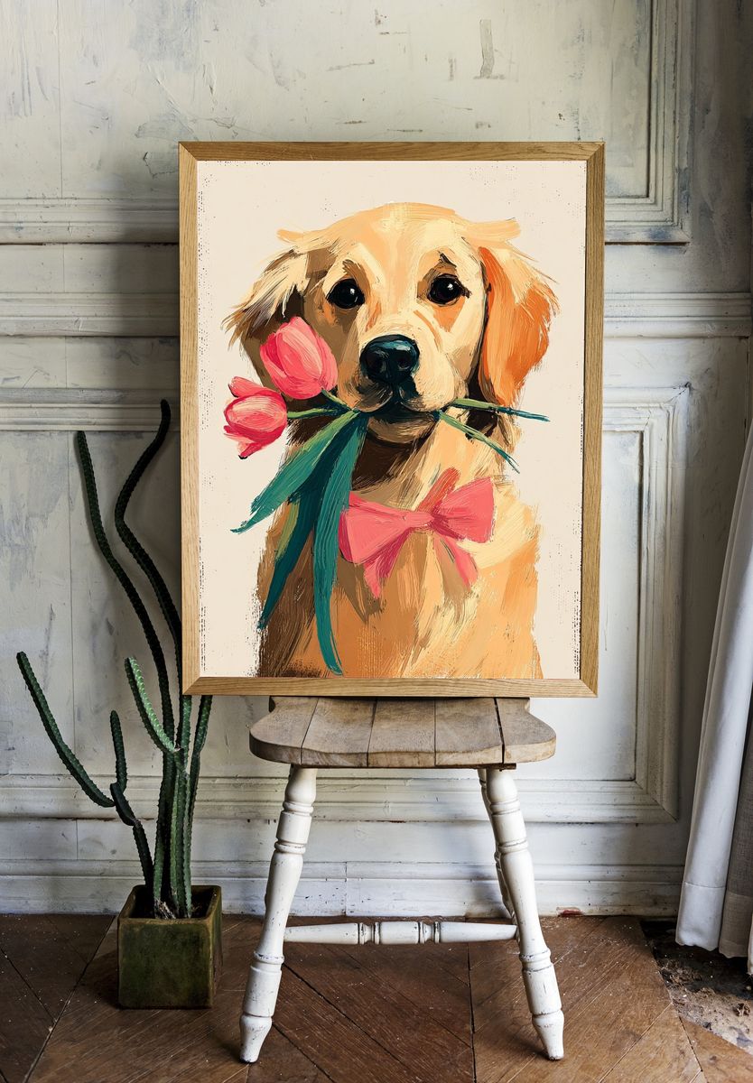 Golden Retriever with Flowers — Illustration Print. — room view 1