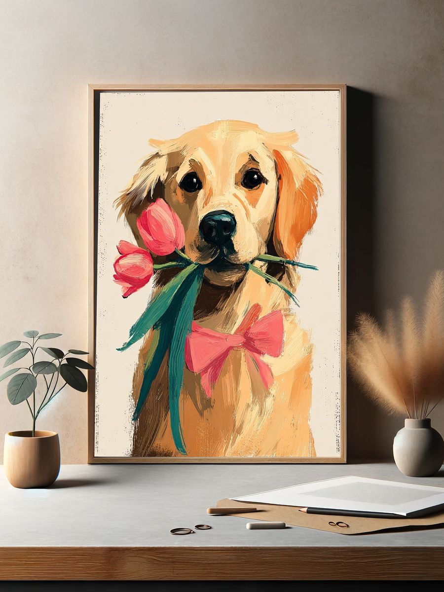 Golden Retriever with Flowers — Illustration Print. — room view 2