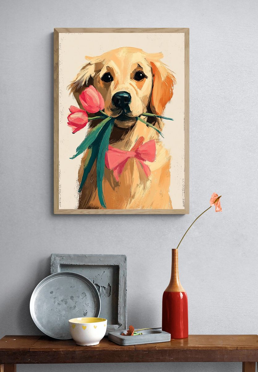 Golden Retriever with Flowers — Illustration Print. — room view 3