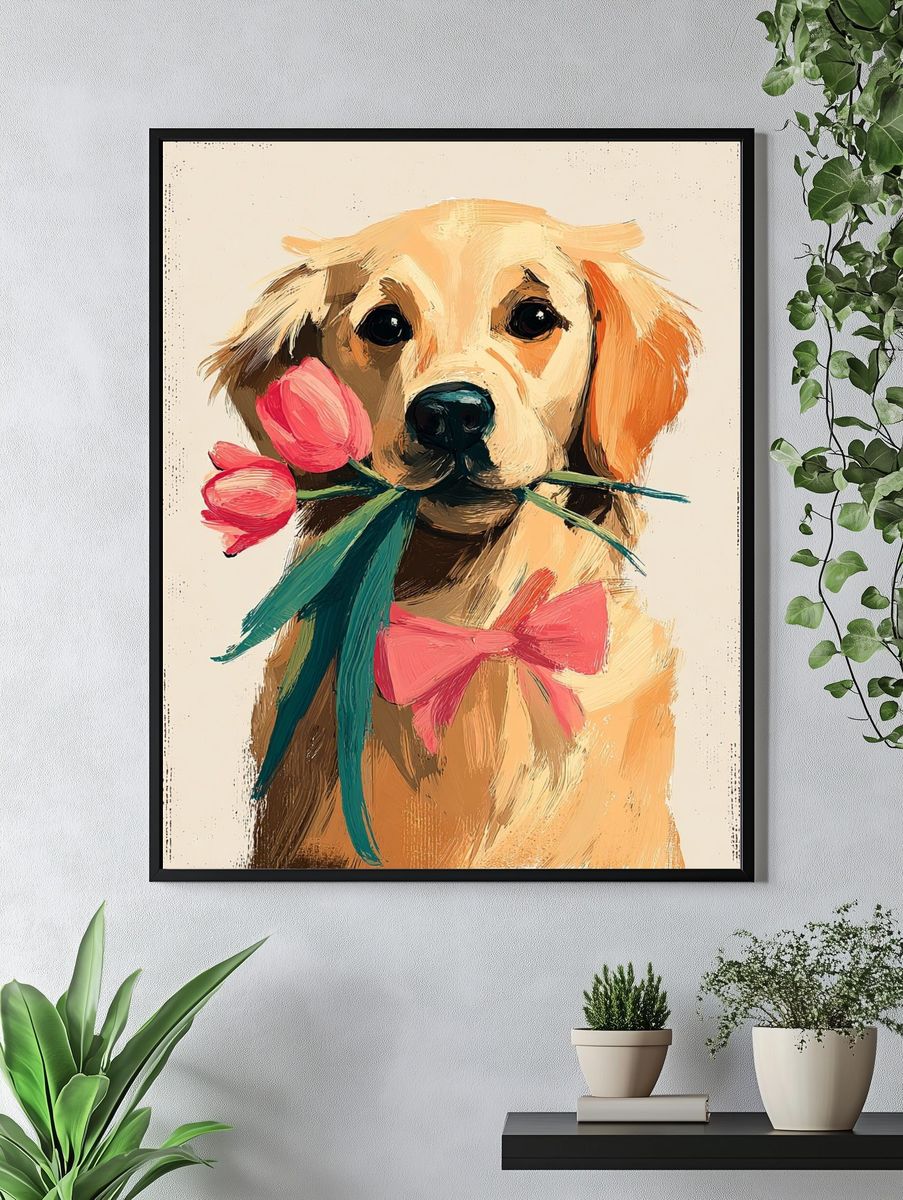 Golden Retriever with Flowers — Illustration Print. — room view 4