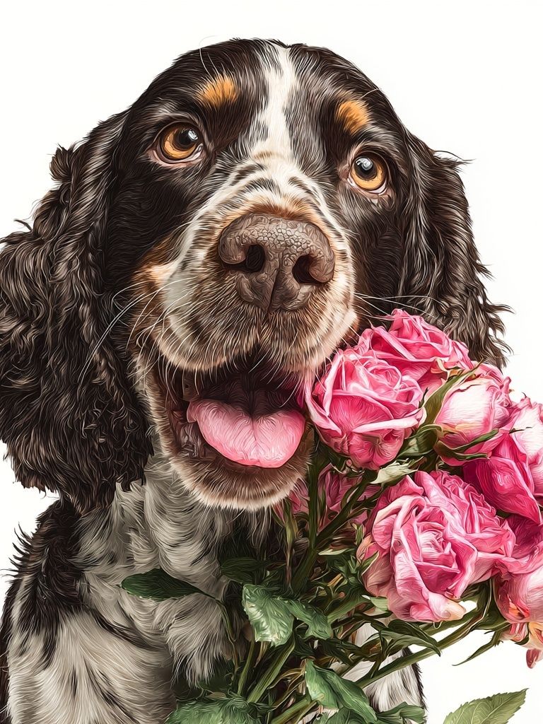 Dog with Roses — Illustration Print. poster — animals art