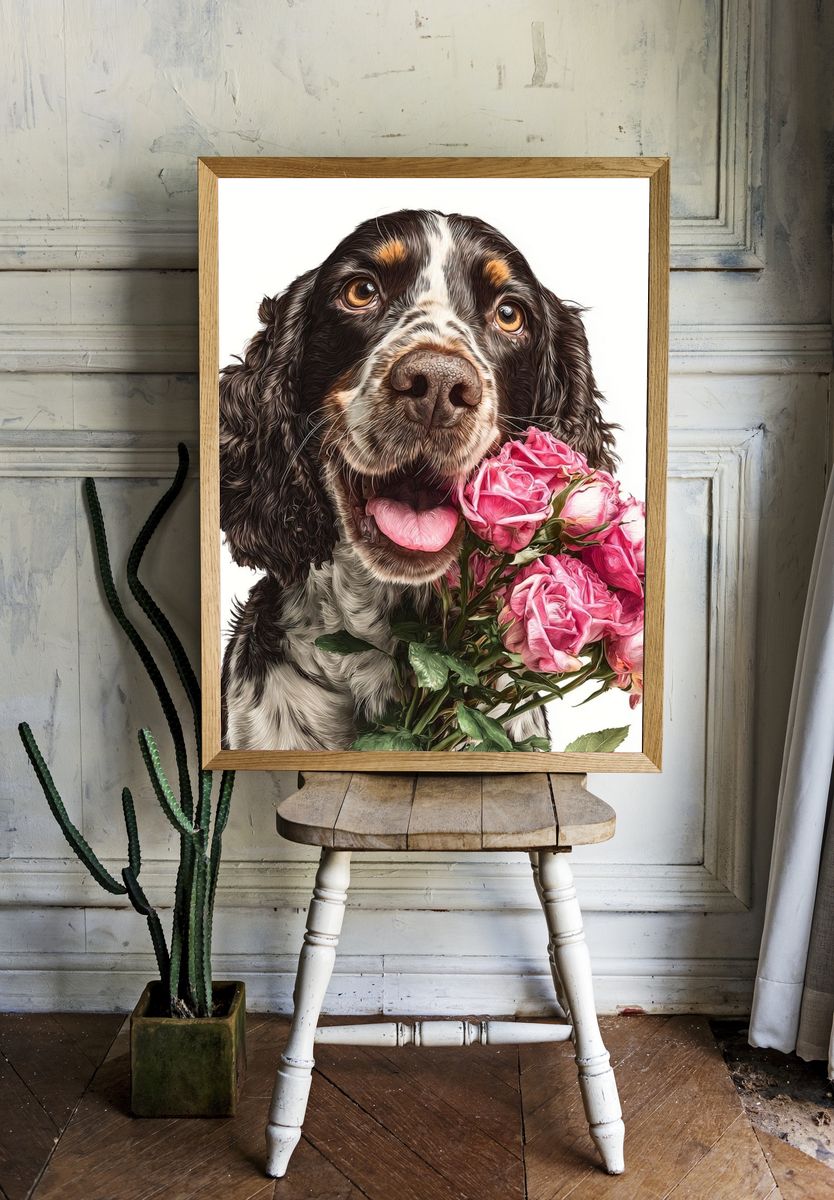 Dog with Roses — Illustration Print. — room view 1