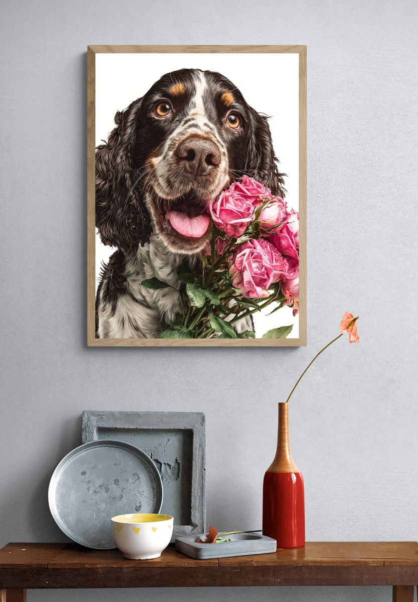 Dog with Roses — Illustration Print. — room view 3