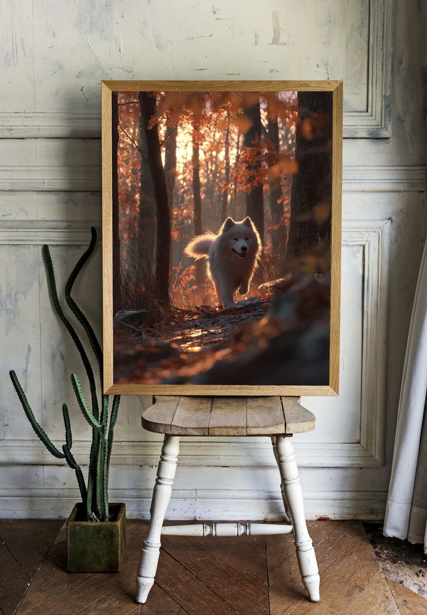 Samoyed Dog in Autumn Forest Poster. — room view 1