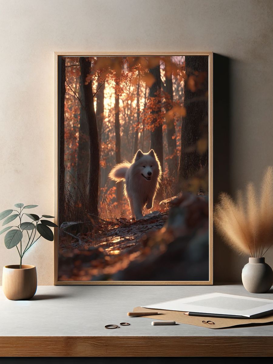 Samoyed Dog in Autumn Forest Poster. — room view 2