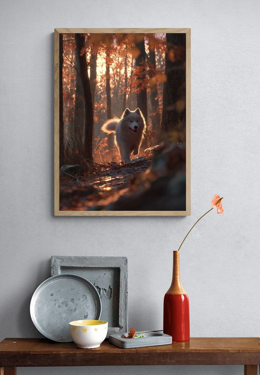 Samoyed Dog in Autumn Forest Poster. — room view 3