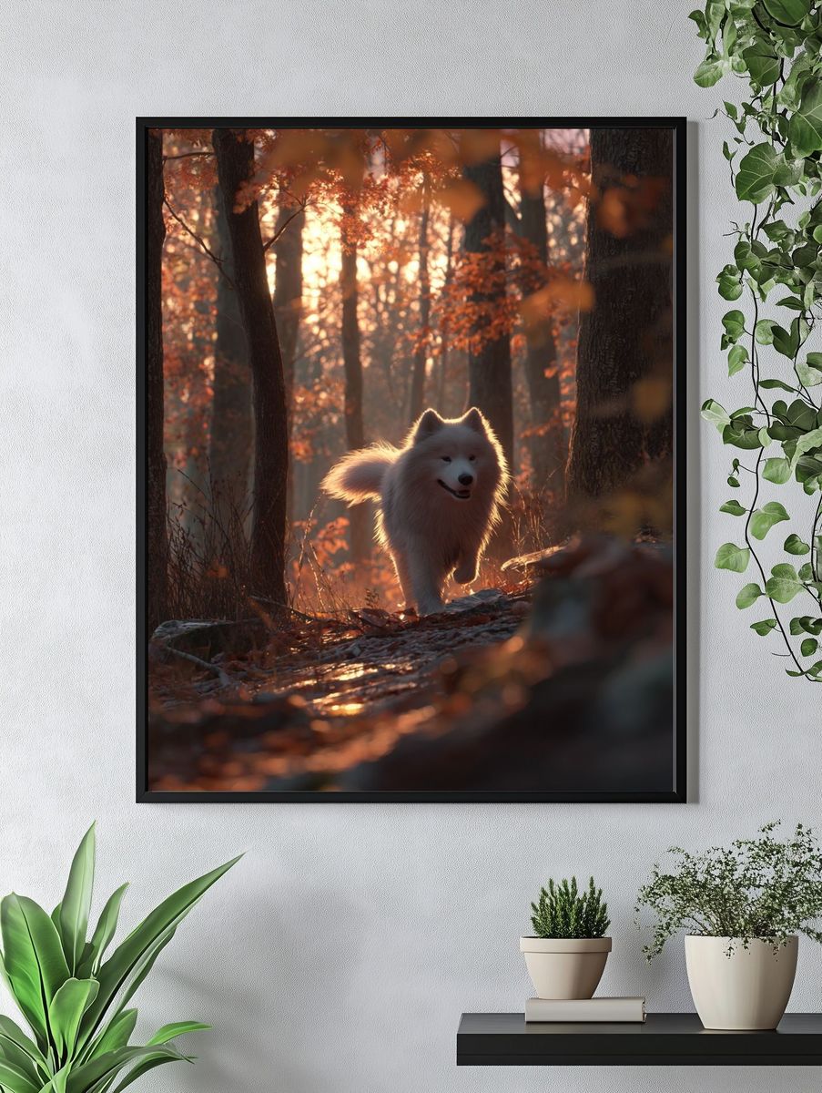 Samoyed Dog in Autumn Forest Poster. — room view 4