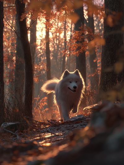 Samoyed Dog in Autumn Forest Poster. poster print