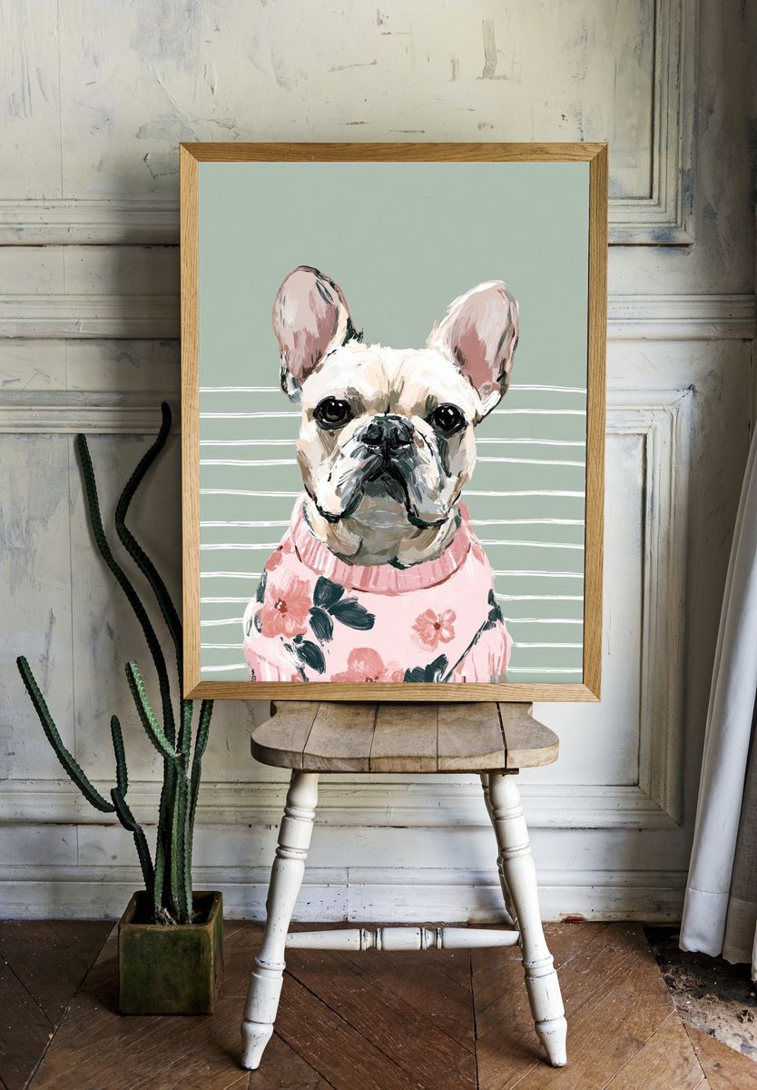 French Bulldog in Floral Sweater Poster. — room view 1