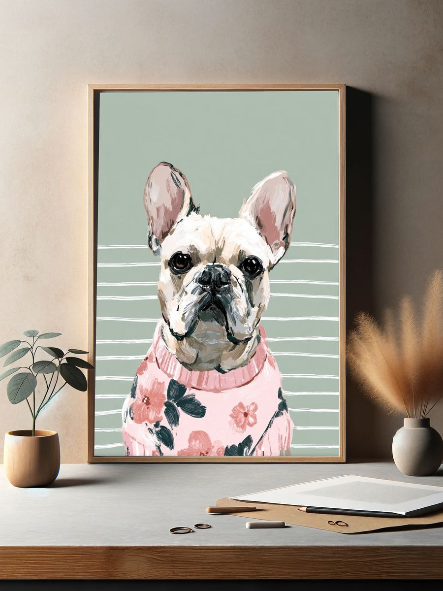 French Bulldog in Floral Sweater Poster. — room view 2