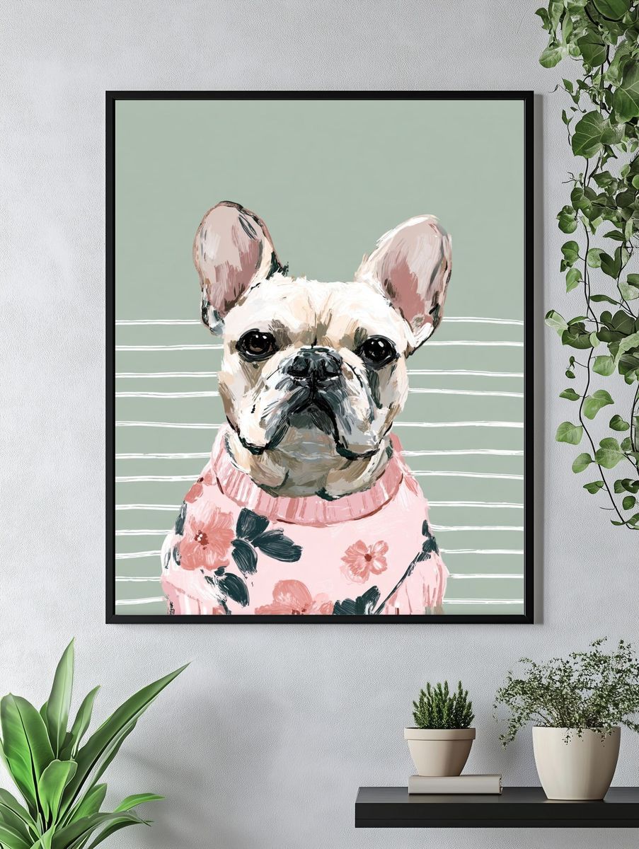 French Bulldog in Floral Sweater Poster. — room view 4