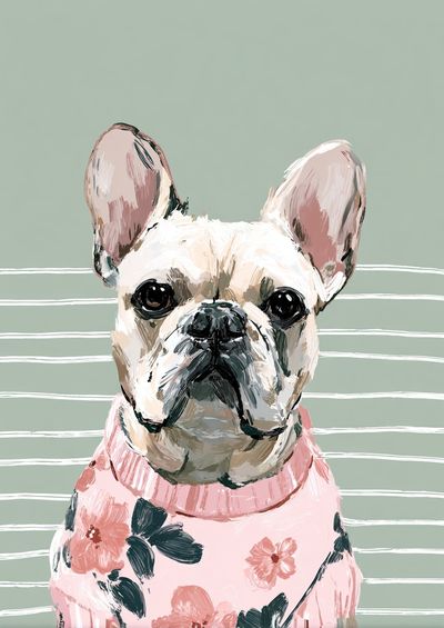 French Bulldog in Floral Sweater Poster. poster