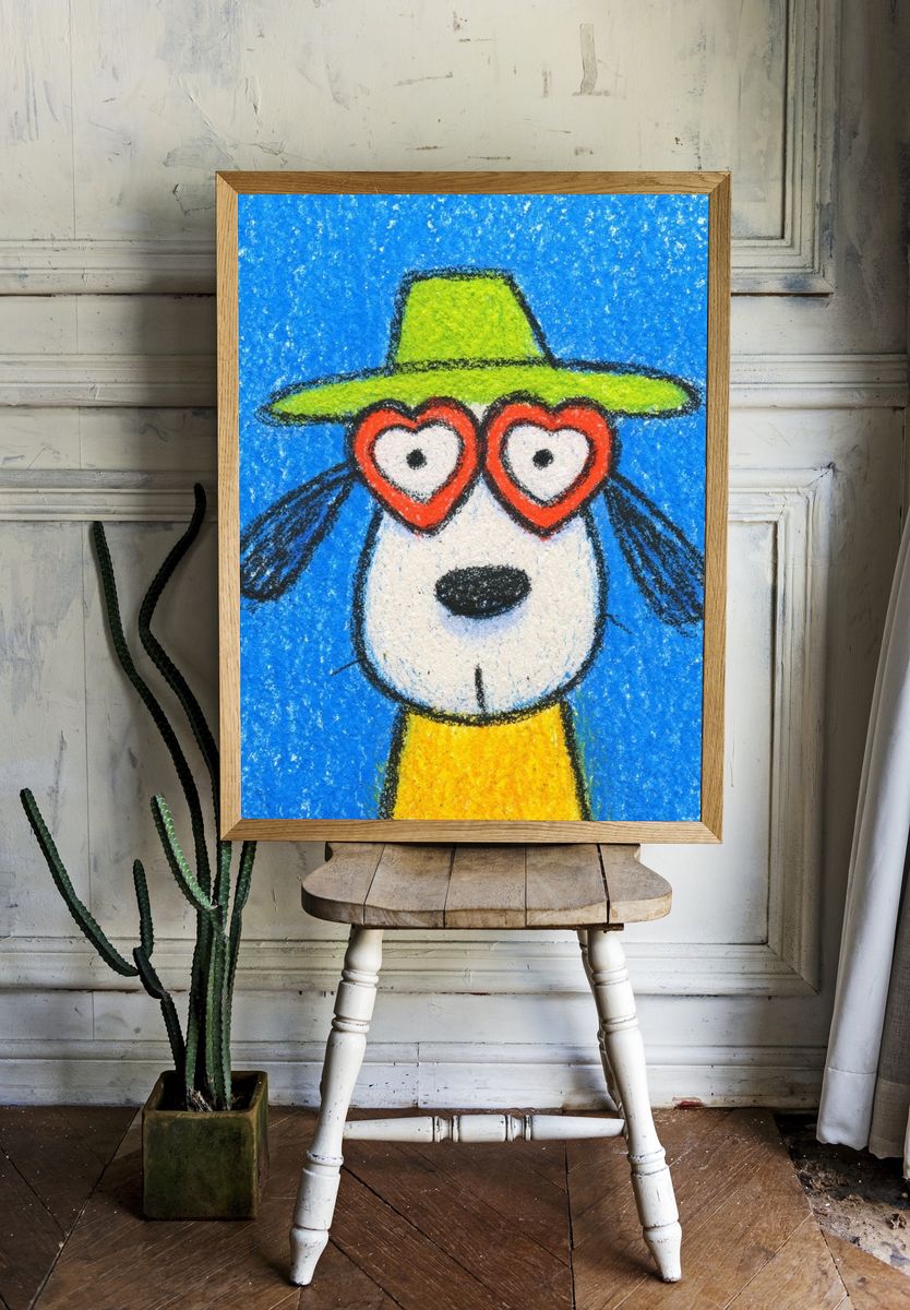 Playful Dog with Heart Glasses — Illustration Print. — room view 1