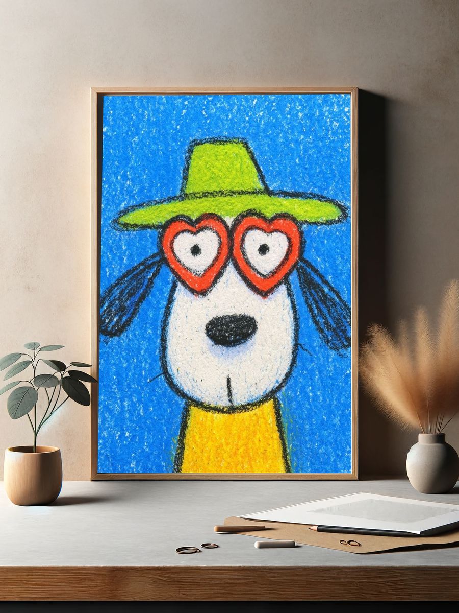 Playful Dog with Heart Glasses — Illustration Print. — room view 2