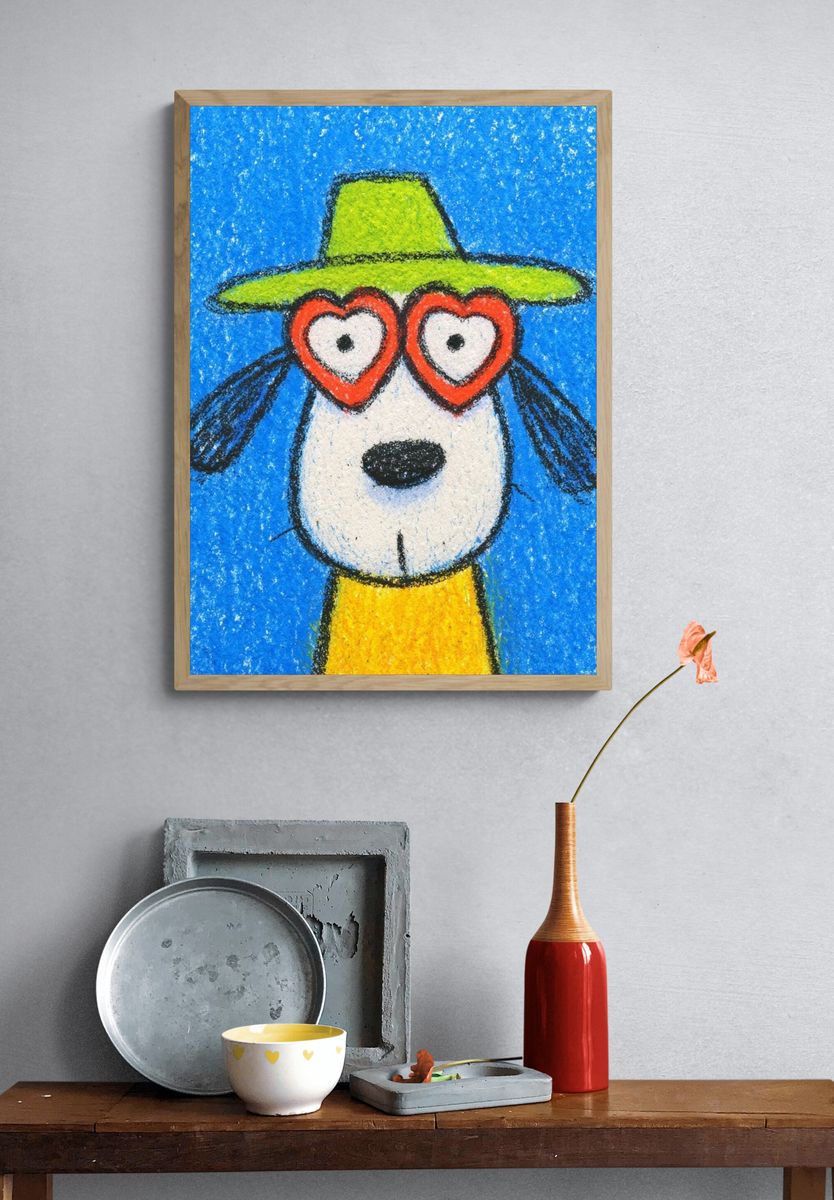 Playful Dog with Heart Glasses — Illustration Print. — room view 3