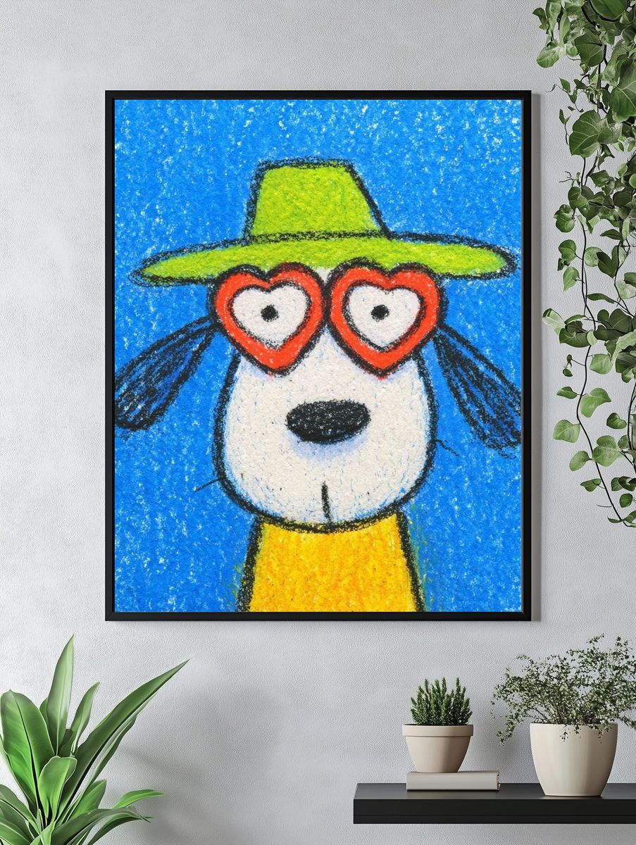 Playful Dog with Heart Glasses — Illustration Print. — room view 4