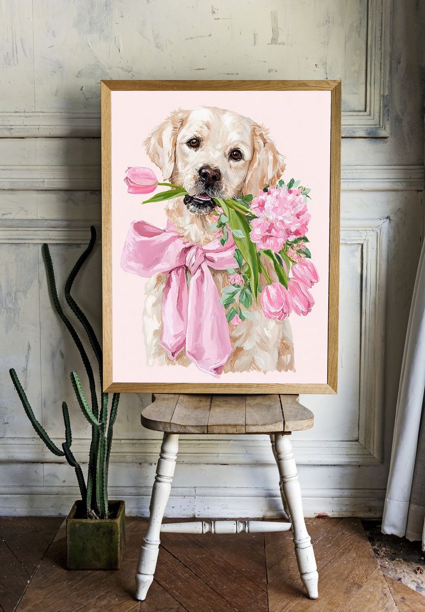 Golden Retriever with Flowers — Illustration Print. — room view 1
